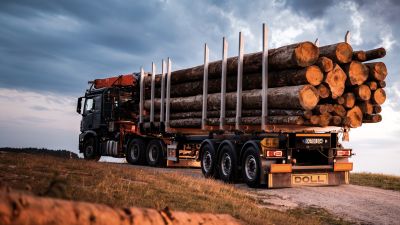 Une semi-remorque LOGO chargée de gros troncs d'arbres sur une route non goudronnée devant un ciel dramatiquement nuageux.